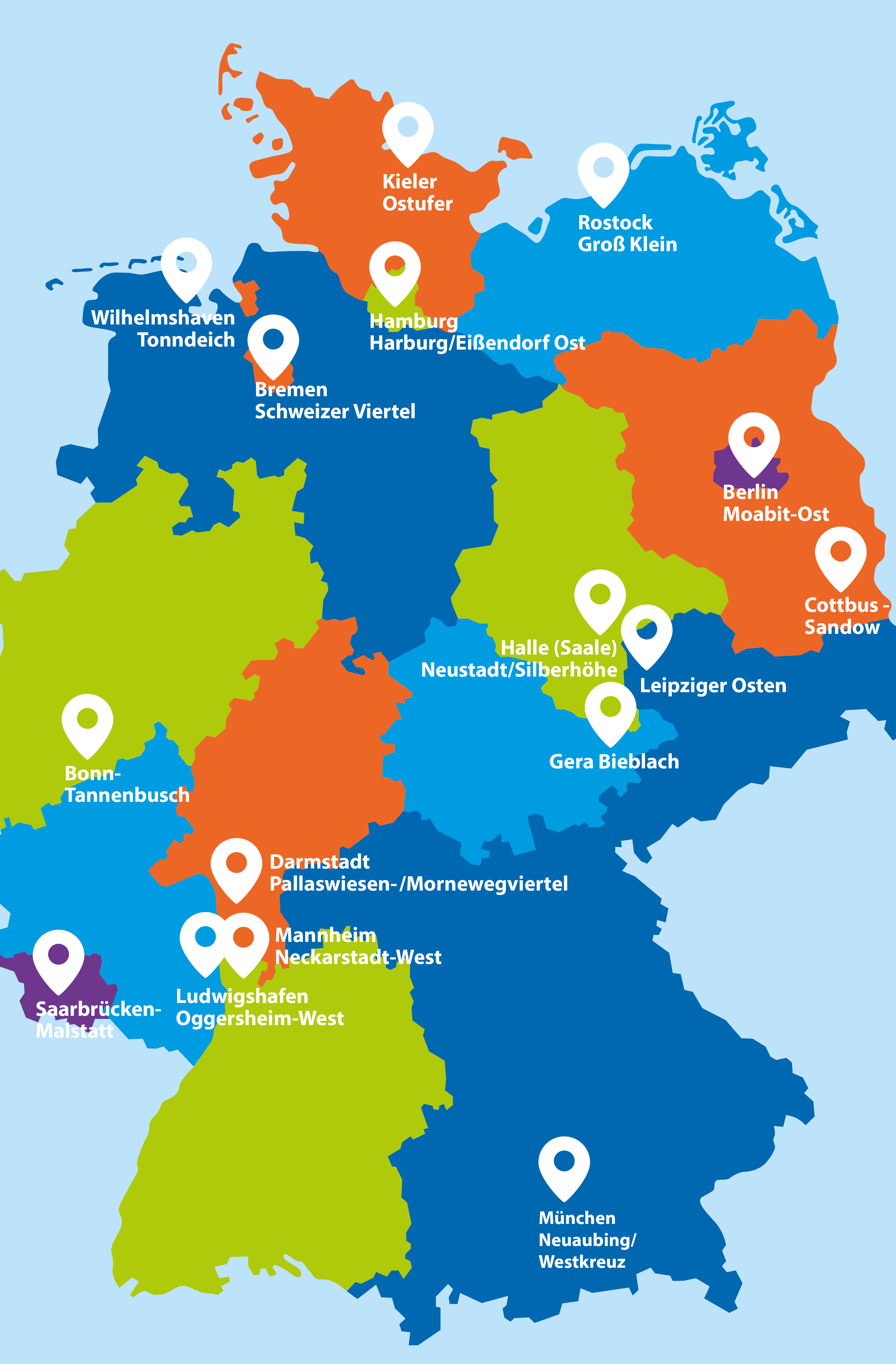 Eine Deutschland-Karte zeigt die Standorte der Quartiere in den Bundesländern.