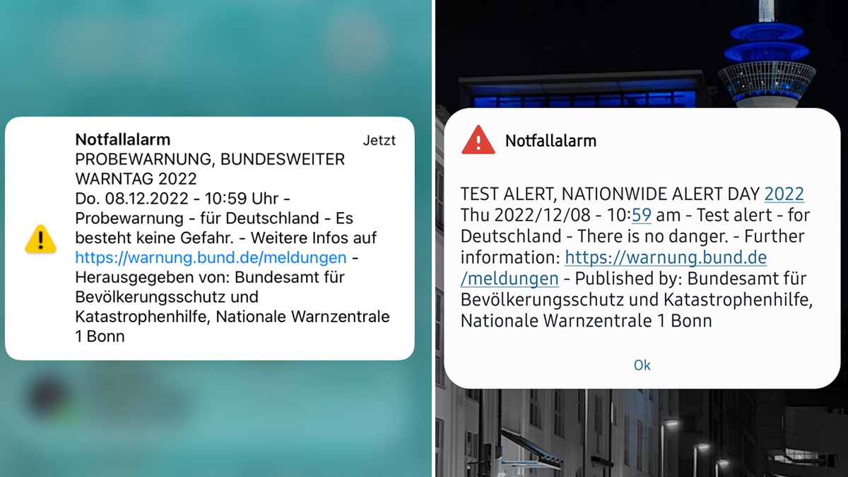 Screenshots zweier Test-Warnmeldungen vom 8. Dezember 2022 auf einem iPhone und einem Android-Smartphone