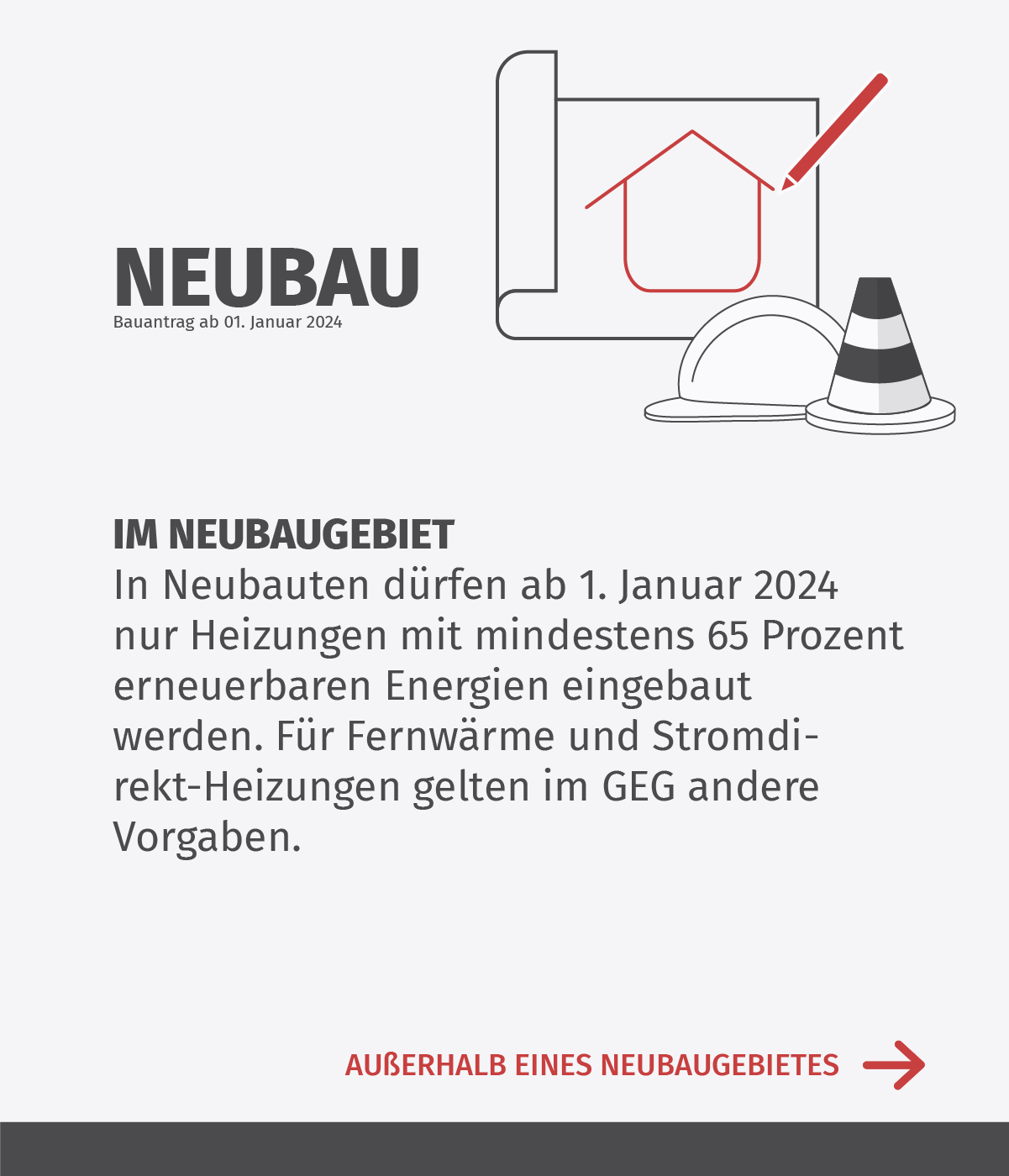  im Neubaugebiet Heizung mit mindestens 65 Prozent Erneuerbaren Energien ab 1. Januar 2024  