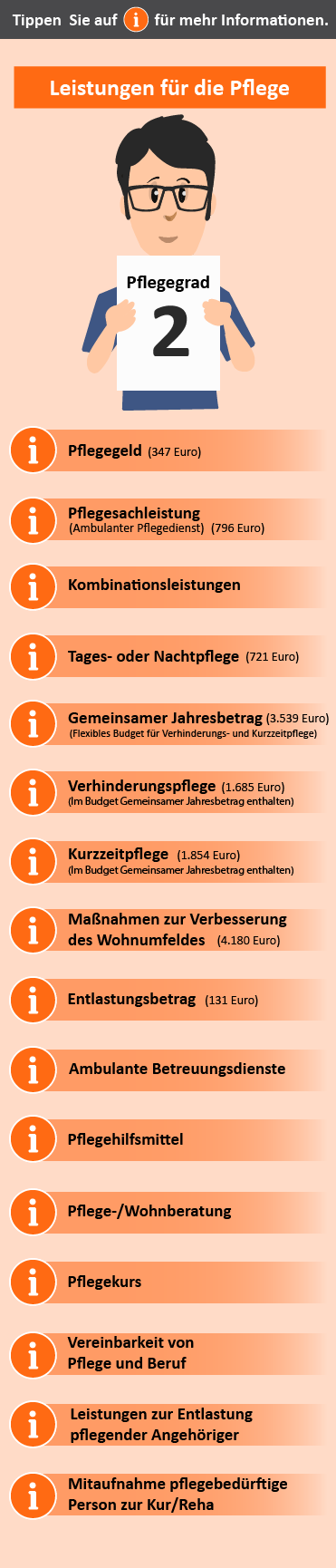 Übersicht der Leistungen für Pflegegrad 2. Dargestellt sind verschiedene Unterstützungsangebote wie Pflegeberatung, finanzielle Zuschüsse und Maßnahmen zur Wohnumfeldverbesserung.