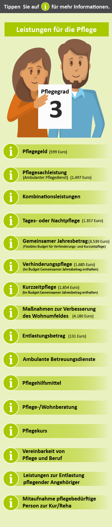 Übersicht der Leistungen für Pflegegrad 3. Dargestellt sind verschiedene Unterstützungsangebote wie Pflegeberatung, finanzielle Zuschüsse und Maßnahmen zur Wohnumfeldverbesserung.