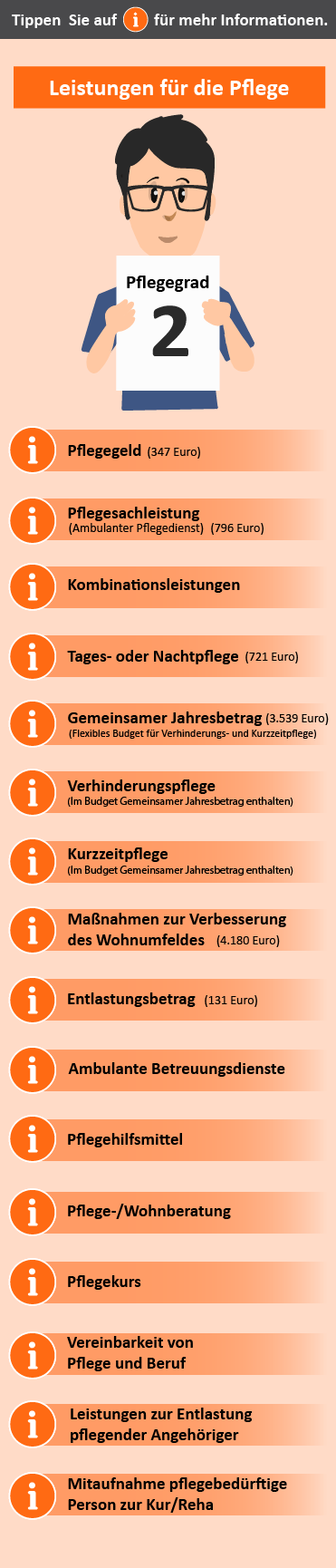 Übersicht der Leistungen für Pflegegrad 2. Dargestellt sind verschiedene Unterstützungsangebote wie Pflegeberatung, finanzielle Zuschüsse und Maßnahmen zur Wohnumfeldverbesserung.