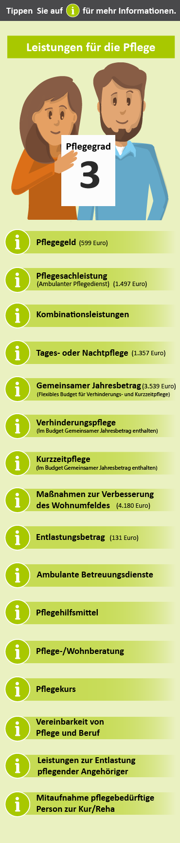 Übersicht der Leistungen für Pflegegrad 3. Dargestellt sind verschiedene Unterstützungsangebote wie Pflegeberatung, finanzielle Zuschüsse und Maßnahmen zur Wohnumfeldverbesserung.