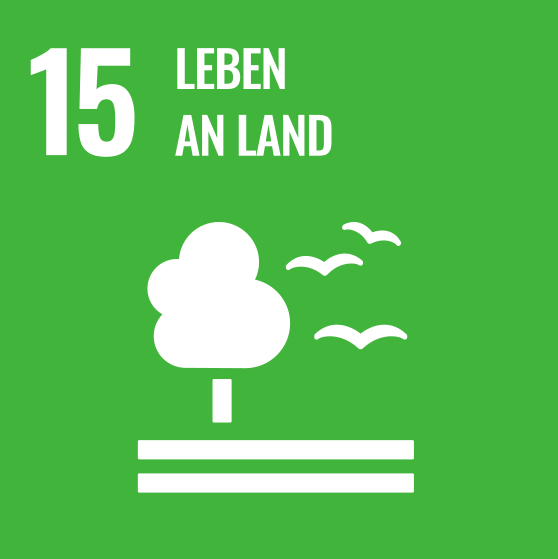 Grafik mit einem Baum und Vögeln, dazu der Text "15 Leben an Land"