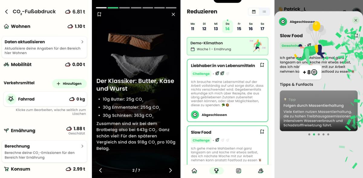 Beispielhafte Screenshots der Klimaschutz-App "2zero"