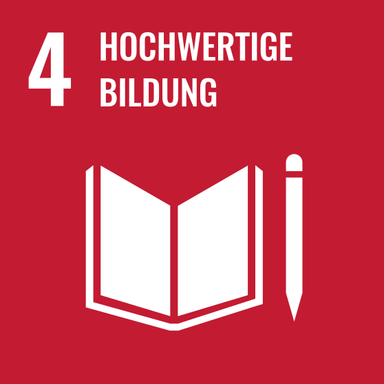 Grafik mit einem Buch und einem Stift, dazu der Text "4 Hochwertige Bildung"