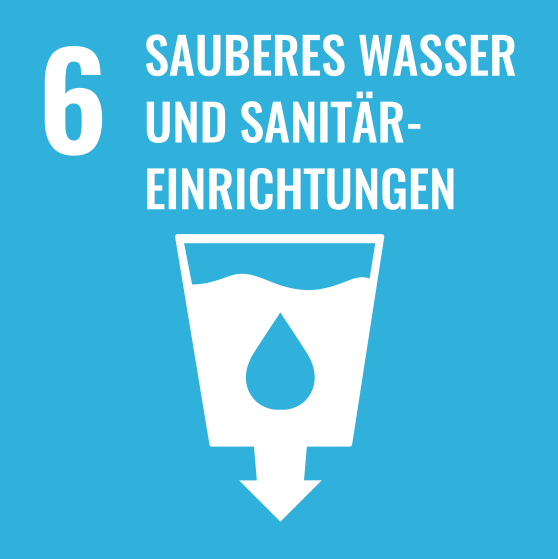 Grafik mit Wasser in einem Behältnis, dazu der Text "6 Sauberes Wasser und Sanitäreinrichtungen"