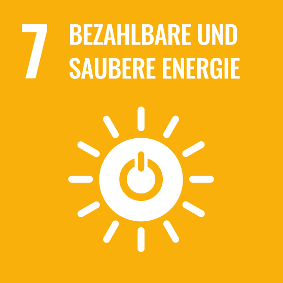 Grafik mit einer Sonne und einem Schalter darin, dazu der Text "7 Bezahlbare und saubere Energie"