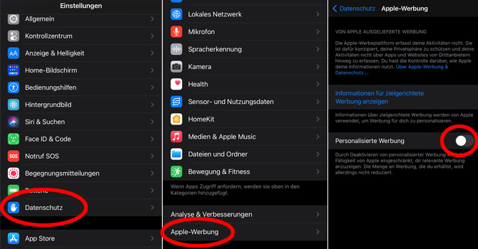 Screenshots Einstellungen für personalisierte Werbung von Apple in iOS 14.5