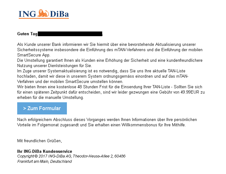 Phishing-Mail ING-DiBa 16.10.2017 "Neue Nachricht von Ihrem ING-DIBa Kundenservice"