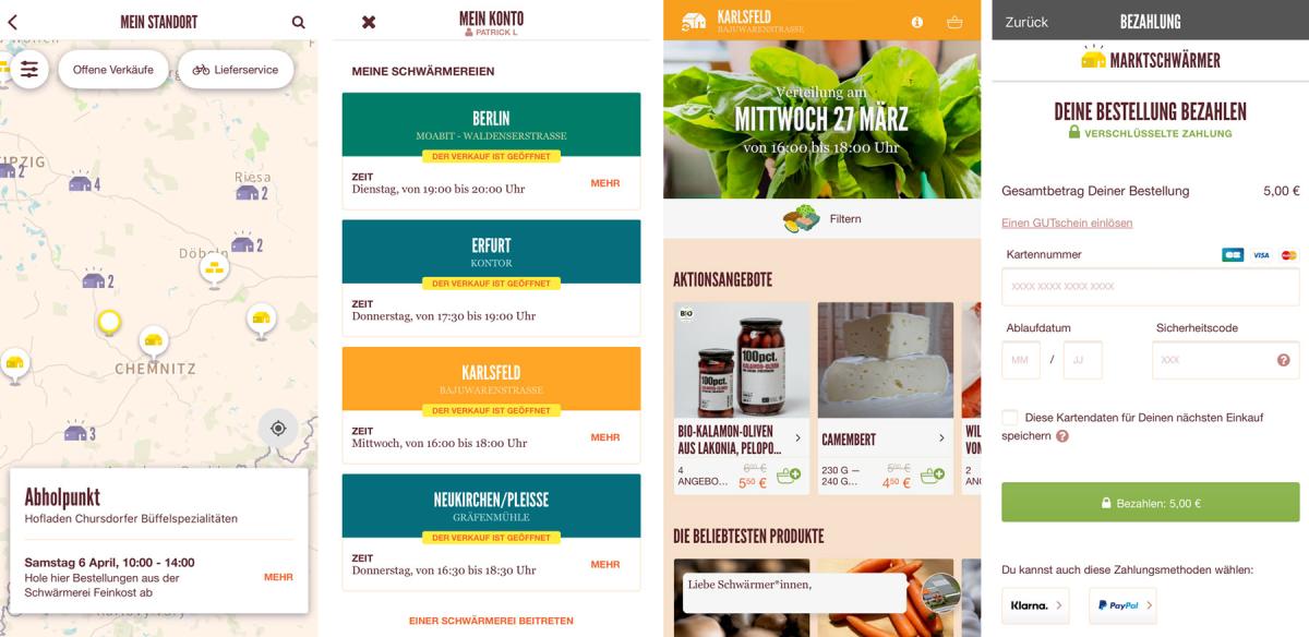 Beispielhafte Screenshots von App "Marktschwärmer" für regionales Einkaufen