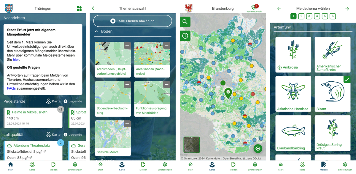 Screenshots verschiedener Funktionen der App "Meine Umwelt"