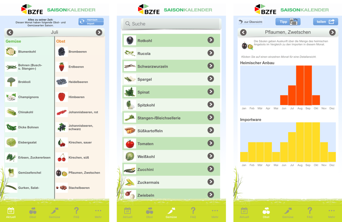 Screenshots verschiedener Funktionen der App "Saisonkalender BFzE"