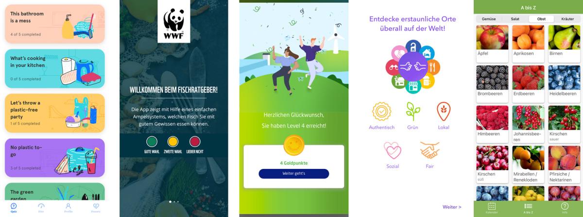 Screenshots verschiedener Klimaschutz-Apps, die im Onlineportal CliMapps getestet wurden