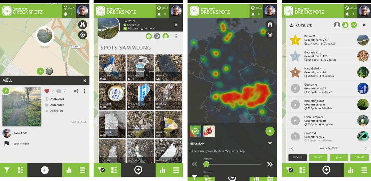 Beispielhafte Screenshots der App DRECKSPOTZ von GLOBAL 2000