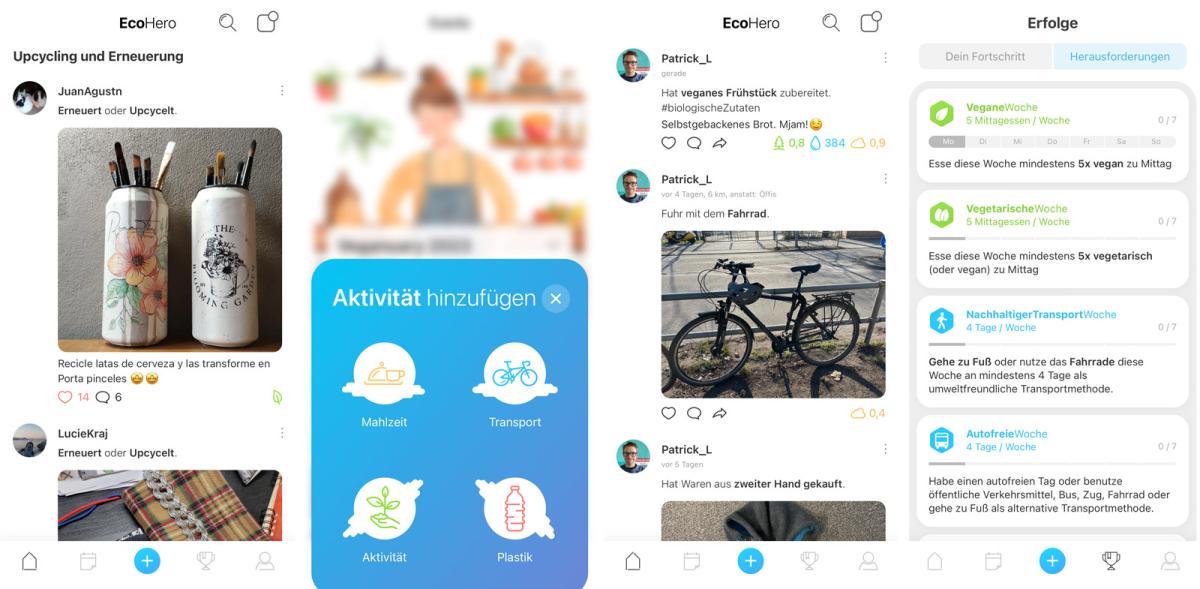Screenshots verschiedener Funktionen der App "EcoHero"