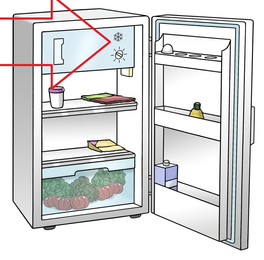 Kühlschrank mit rotem Pfeil auf Gefrierfach