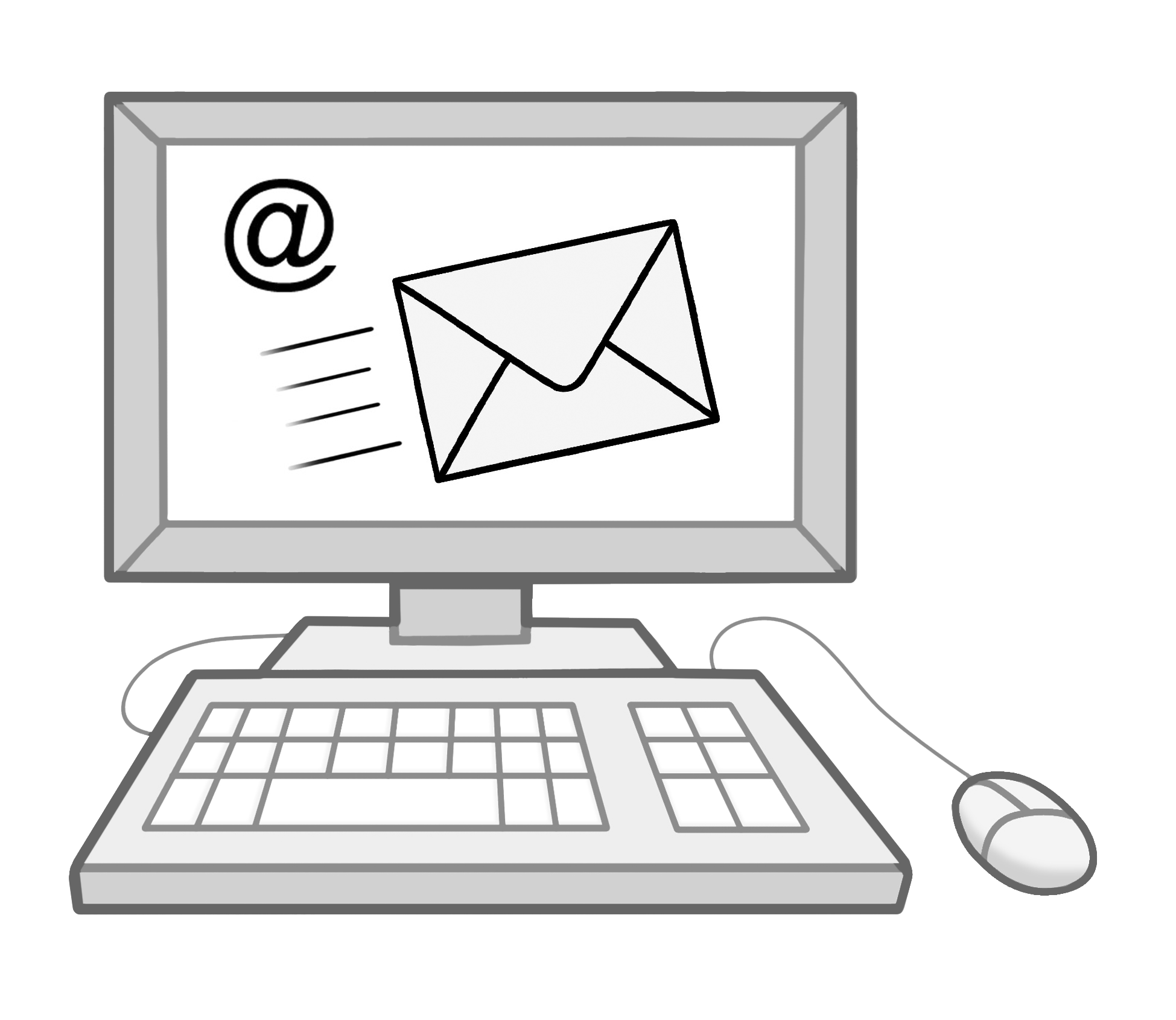 Gezeichneter Computer mit Emailzeichen auf dem Bildschirm.