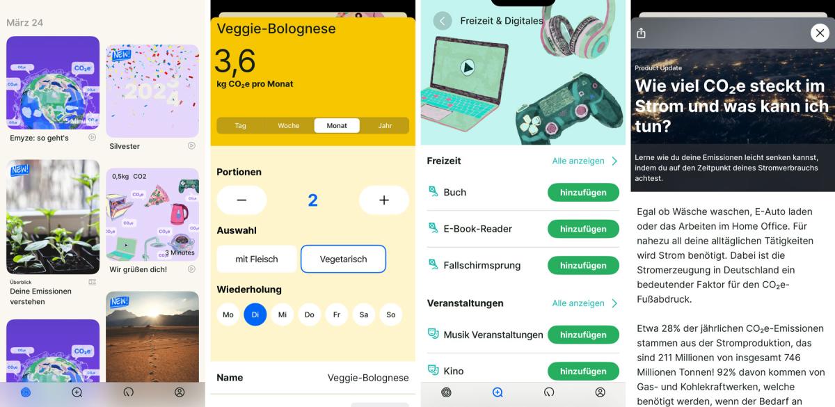 Beispielhafte Screenshots der Klimaschutz-App "Emyze"