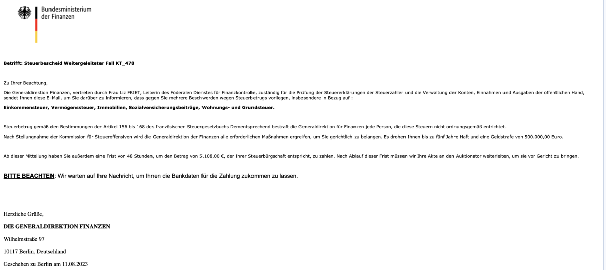 Screenshot einer Phishing-Mail mit Logo des Bundesfinanzministeriums, in der es heißt, dass gegen den Empfänger wegen Steuerbetrugs ermittelt werde.