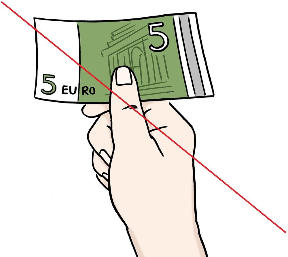 Hand gibt Geld durchgestrichen