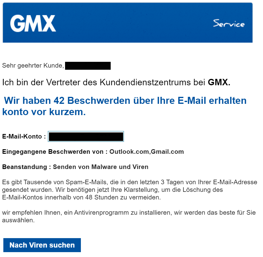 Betrugsversuch durch eine Phishing-Mail im Stil von GMX 