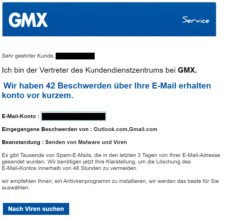 Betrugsversuch durch eine Phishing-Mail im Stil von GMX