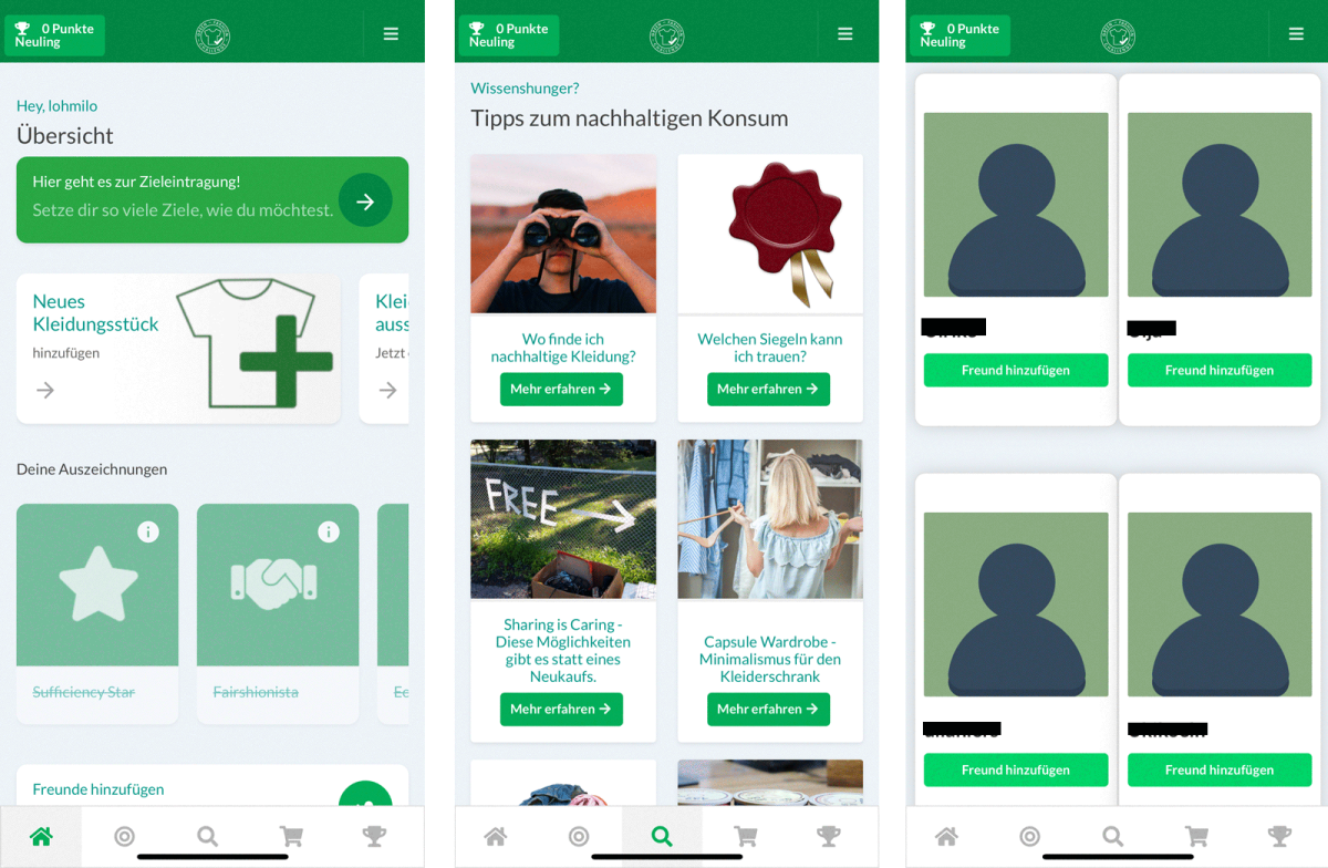 Screenshots verschiedener Funktionen der App "Green Fashion Challenge"