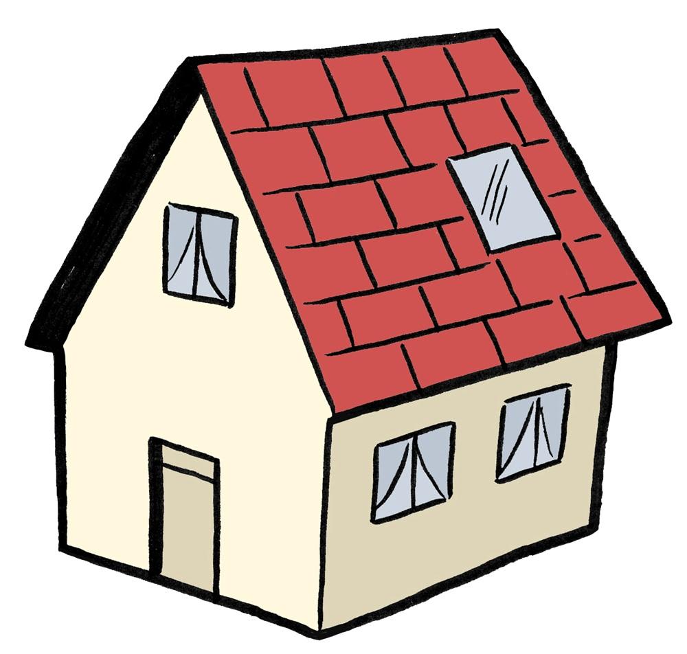 Haus mit rotem Dach von der Seite