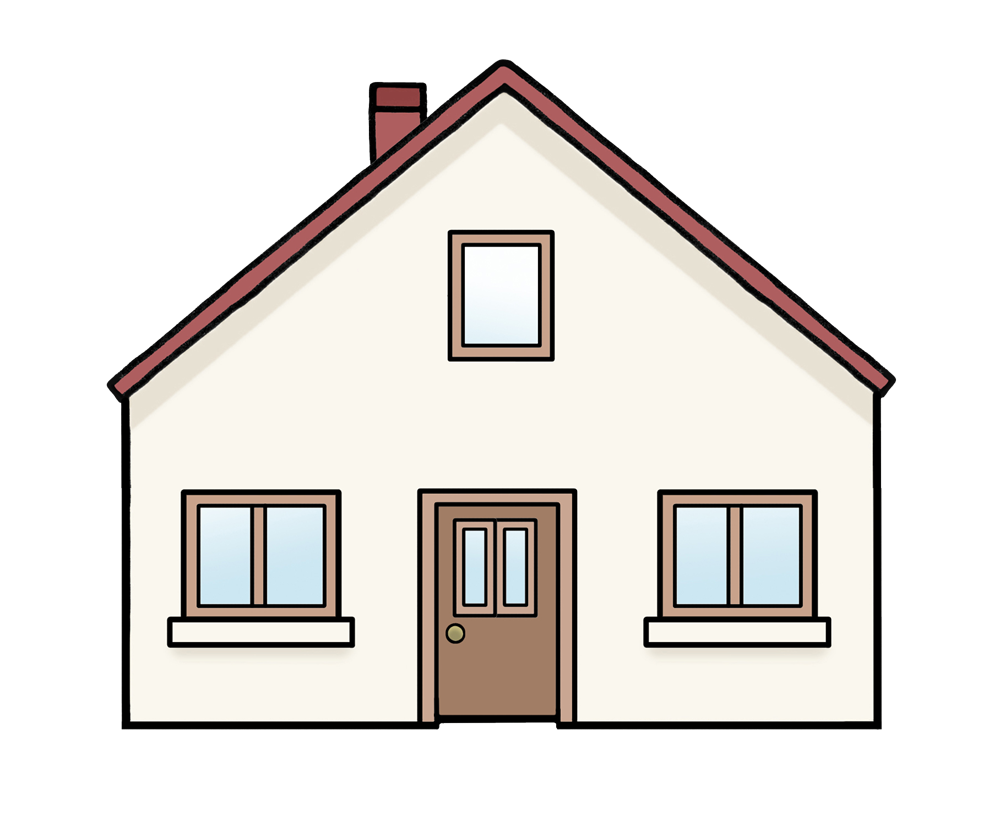 Haus von vorne mit Haustür und 3 Fenstern