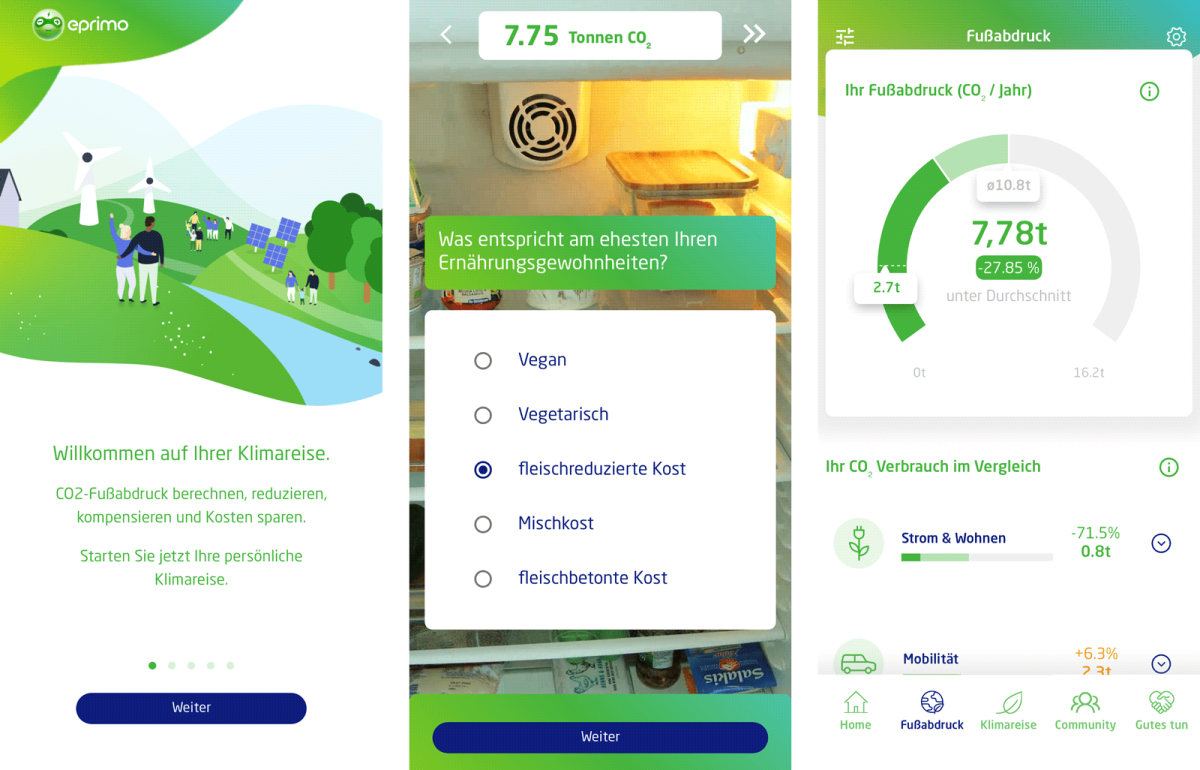 Screenshots verschiedener Funktionen der App "Klimareise" von eprimo GmbH