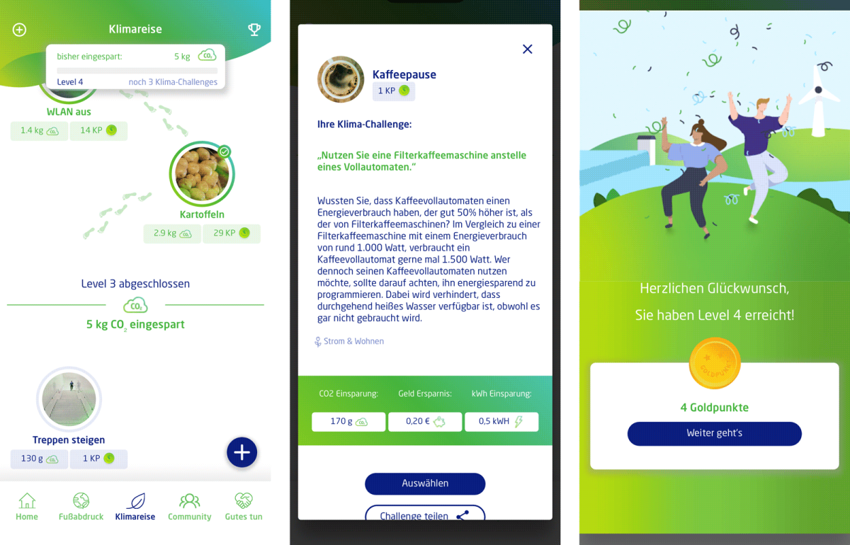 Screenshots verschiedener Funktionen der App "Klimareise" von eprimo GmbH