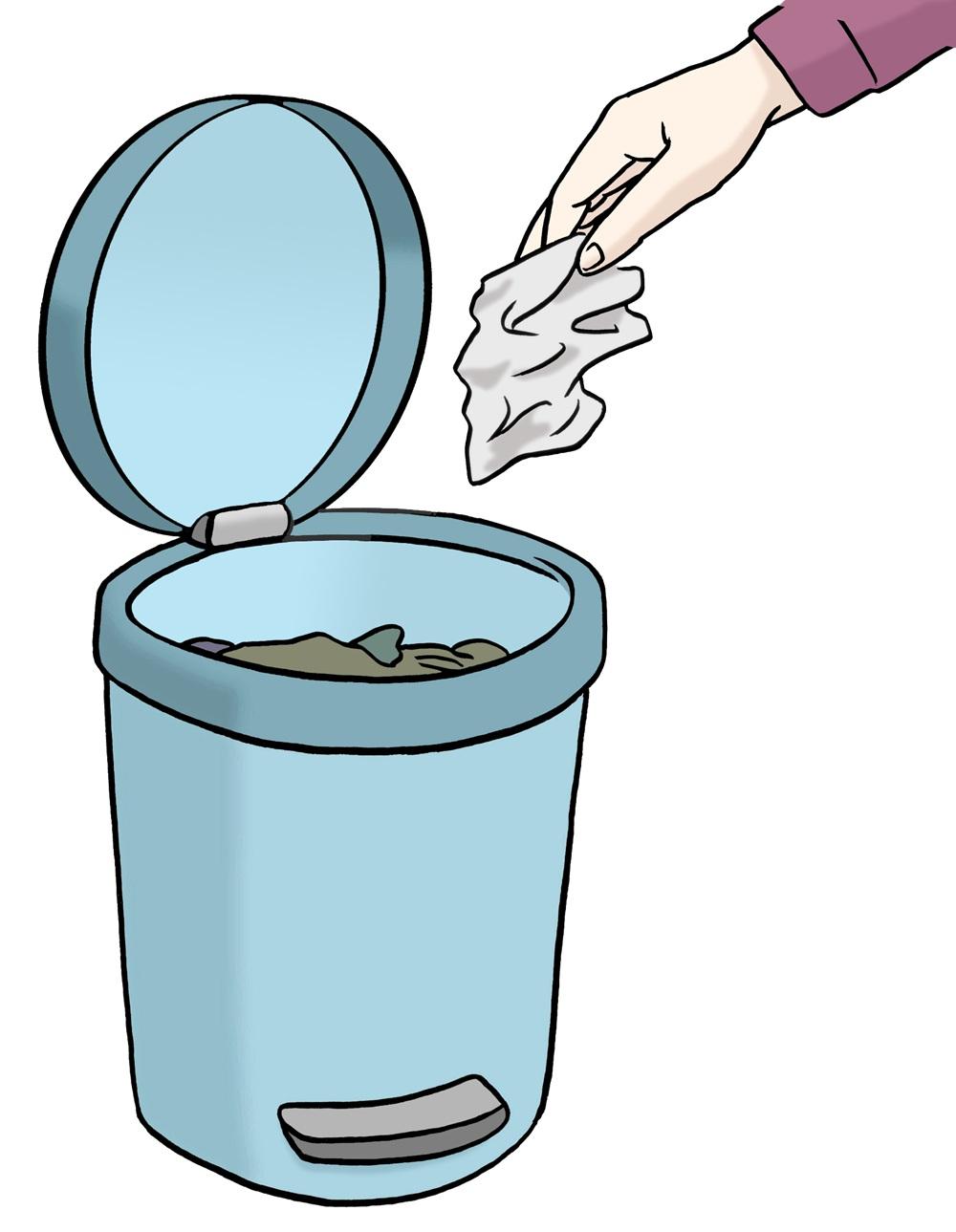 hand wirft Müll in Eimer