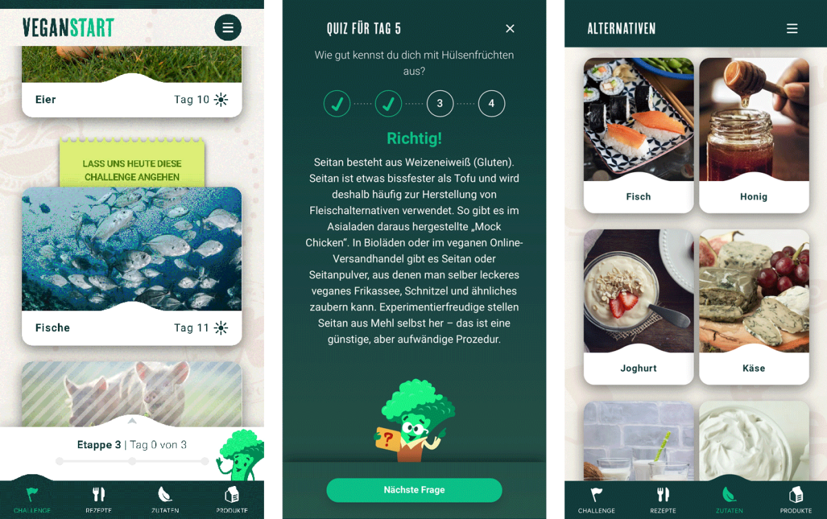 Screenshots verschiedener Funktionen der App "PETA Veganstart"