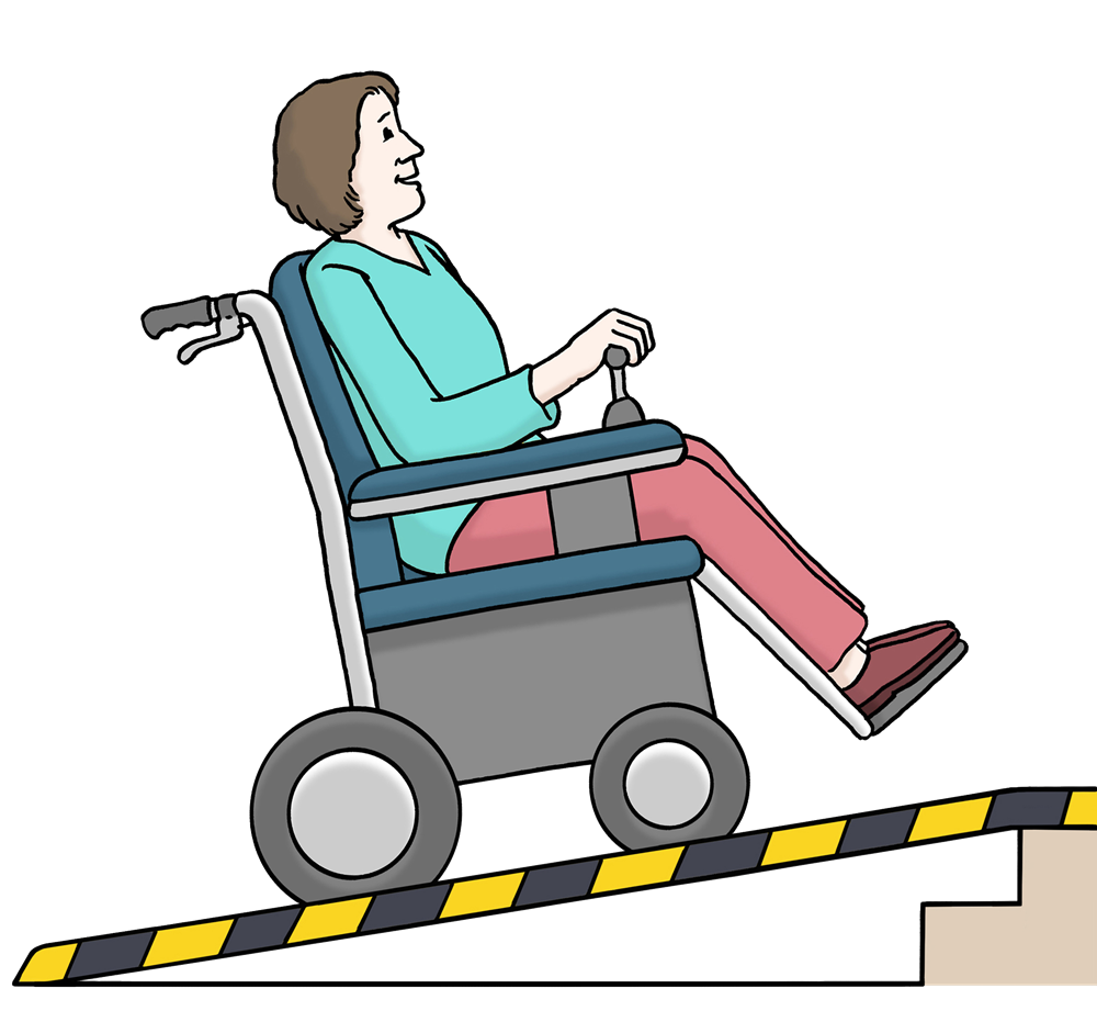 Frau im Rollstuhl auf Rampe