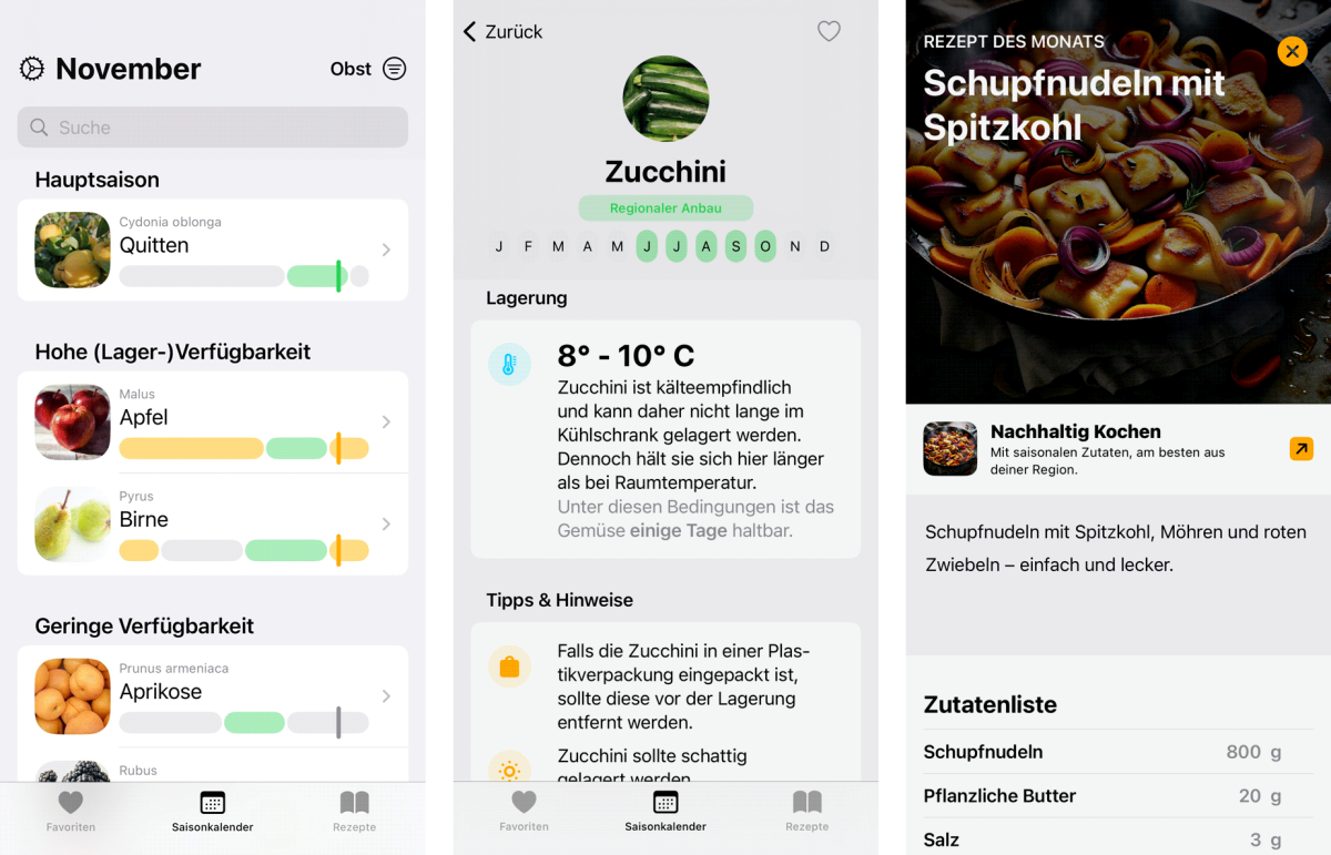 Screenshots verschiedener Funktionen der App "Saisonkalender: Obst & Gemüse" von Jonathan Jansen