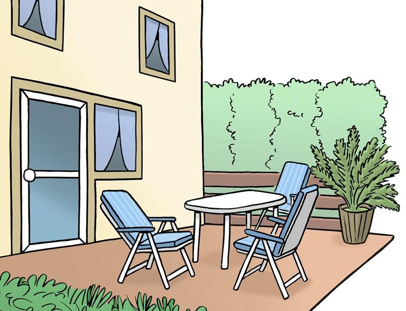 Terasse mit Tisch und Pflanzen 