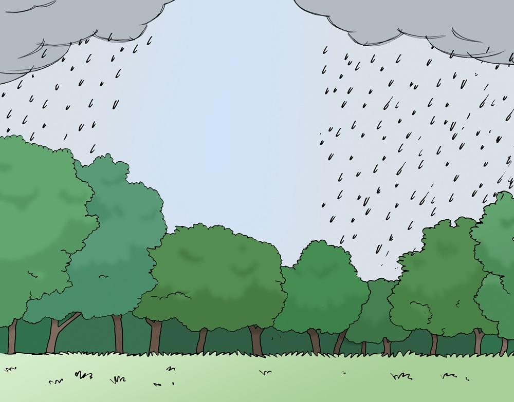 Regenwolken mit Regenschauern über Wiese und Bäumen