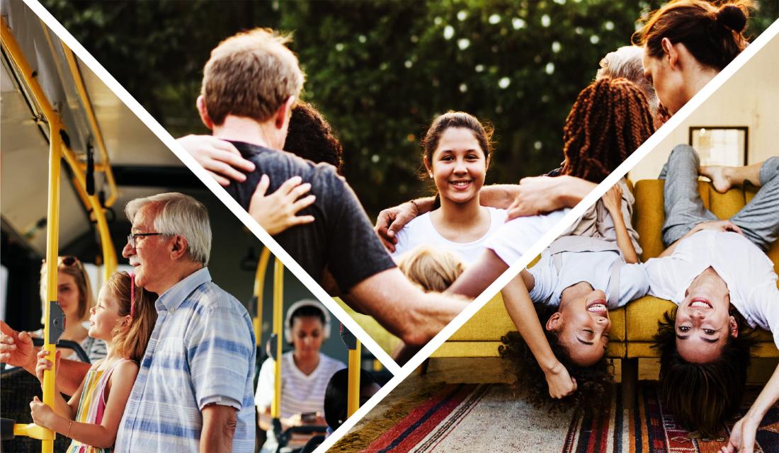 Collage aus drei Bildern; unten links stehen ein älterer Mann und ein Kind im Bus; mittig oben steht eine Gruppe von Menschen zusammen; unten rechts liegen zwei Frauen kopfüber auf dem Sofa