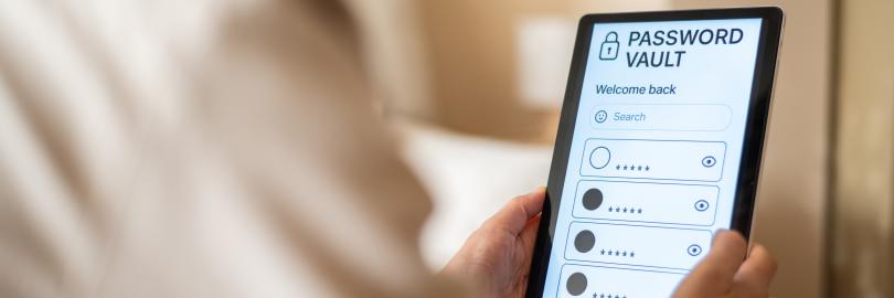 Person, die auf einem Tablet auf einen Passwortmanager zugreift.