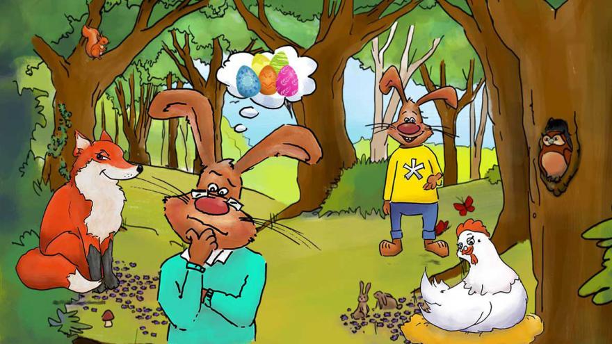 Zeichnung mit einer Füchsin, Hasen, bunten Eiern, einer brütenden Henne und einer Eule im Wald.