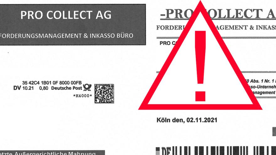 Briefkopf Pro Collect AG mit rotem Ausrufezeichen-Warnschild