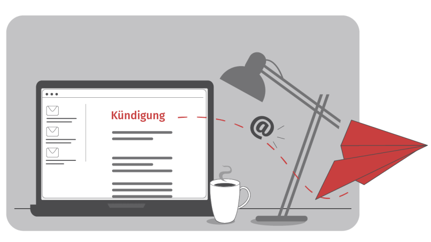 Auf einem Laptop wird eine E-Mail mit der Aufschrift "Kündigung" angezeigt