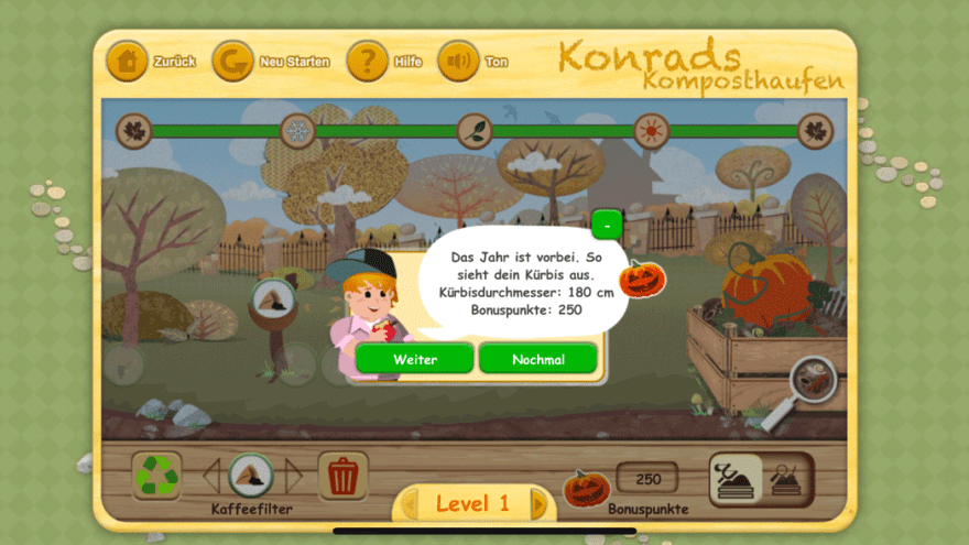 Screenshot der App "Konrads Kompost" mit Illustration, die über den Abschluss eines Levels informiert