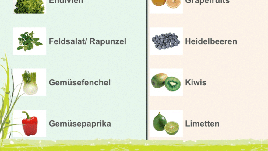 Screenshot mit einer Übersicht von Obst und Gemüsesorten in der App "Saisonkalender"