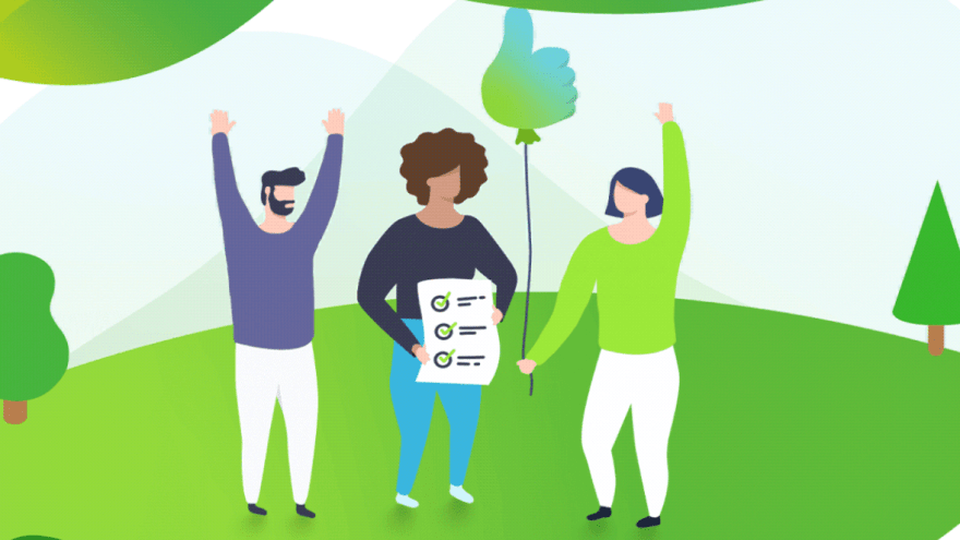Illustration von drei Menschen auf einer Wiese in der App "Klimareise"