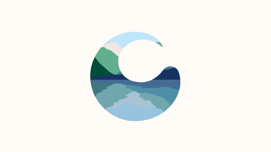 Illustration einer Hügellandschaft und Sees in Form des Buchstaben "C" als Logo der App OneClimate