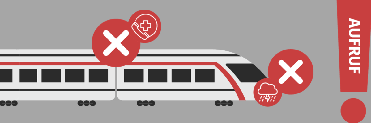 Ein rotes Ausrufezeichen mit dem Wort Aufruf neben einem Zug und Symbolen wie einem X und Sturmwolken.