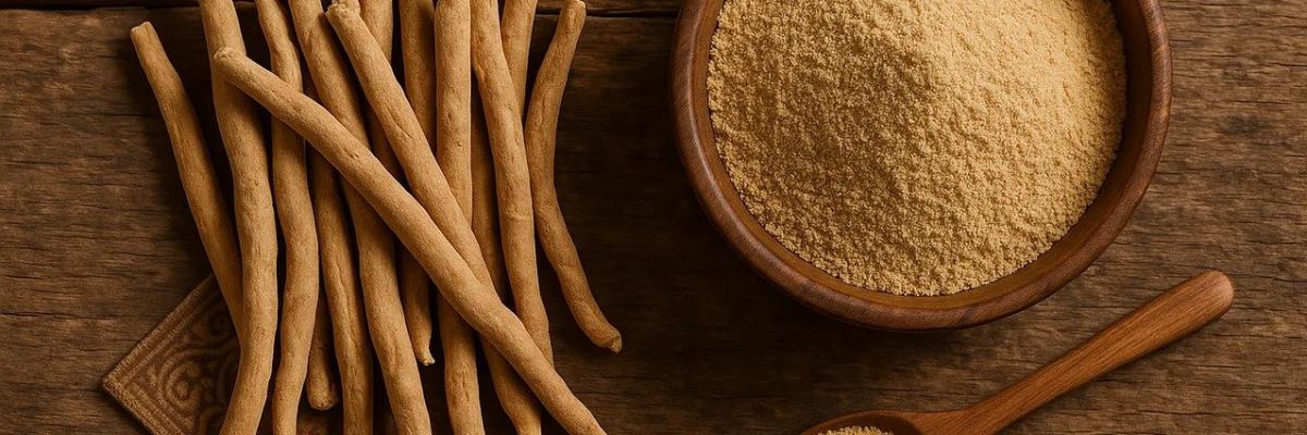 Eine Schale mit Ashwagandha-Pulver, einem Nahrungsergänzungsmittel