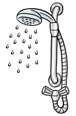Zeichnung eines Duschkopfes, der an ist und Wasser raus kommt.